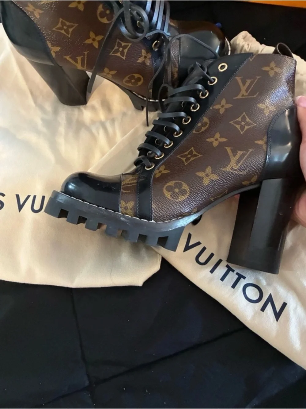 Louis Vuitton Brown Monogram Lace-Up Chunky Heel Boots - Picture 3 of 5